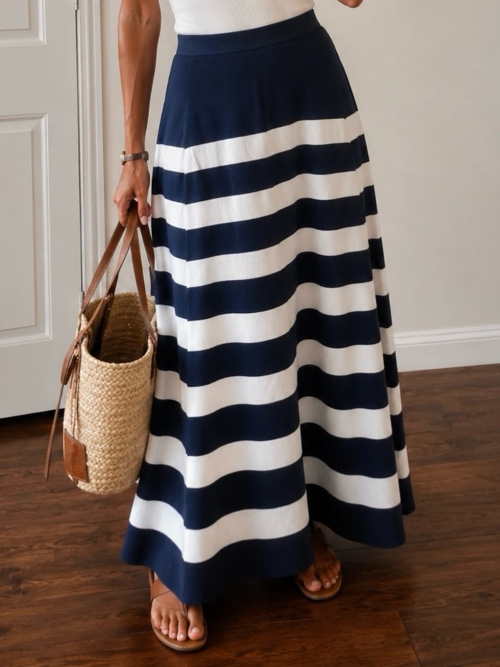 EUC STAUD Navy White Striped Flowing Viscose Knit Maxi Pull-on Skirt size L
